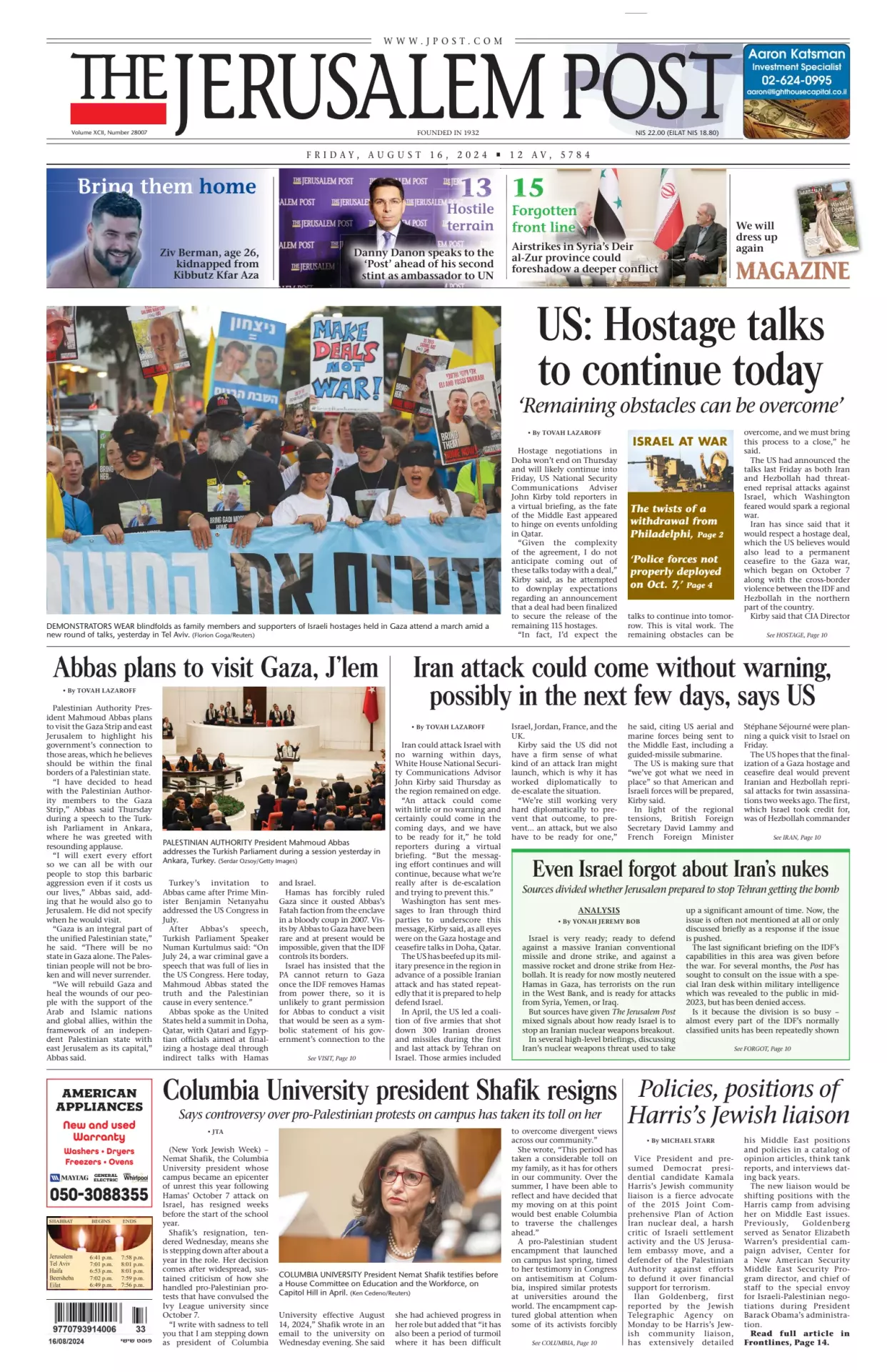 Prima-pagina-the jerusalem post-edizione-di-oggi-16-08-2024